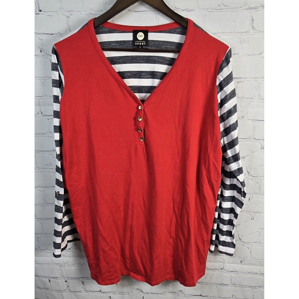 Jones New York Sport Women's Sz 2X Blouse Nautical Red Blue White V Neck Buttons